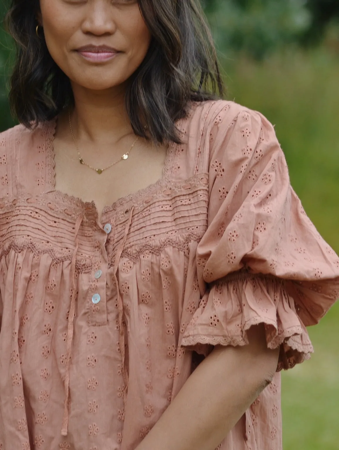 100% RECYCLED COTTON - MORNING SONG HAND SMOCKED BLOUSE ANTIQUE BROWN