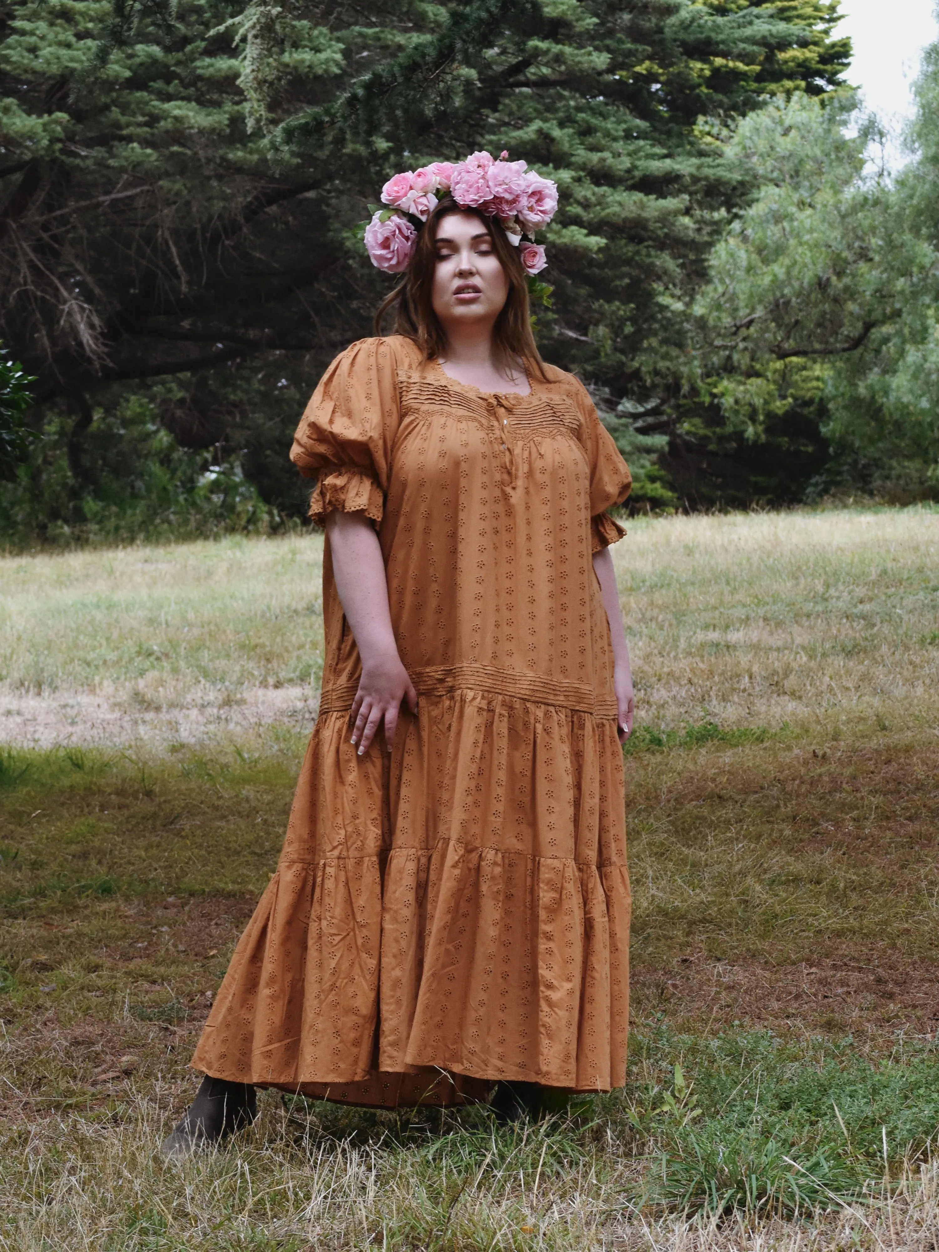 100% RECYCLED COTTON - MORNING SONG HAND SMOCKED TIERED DRESS - COPPER