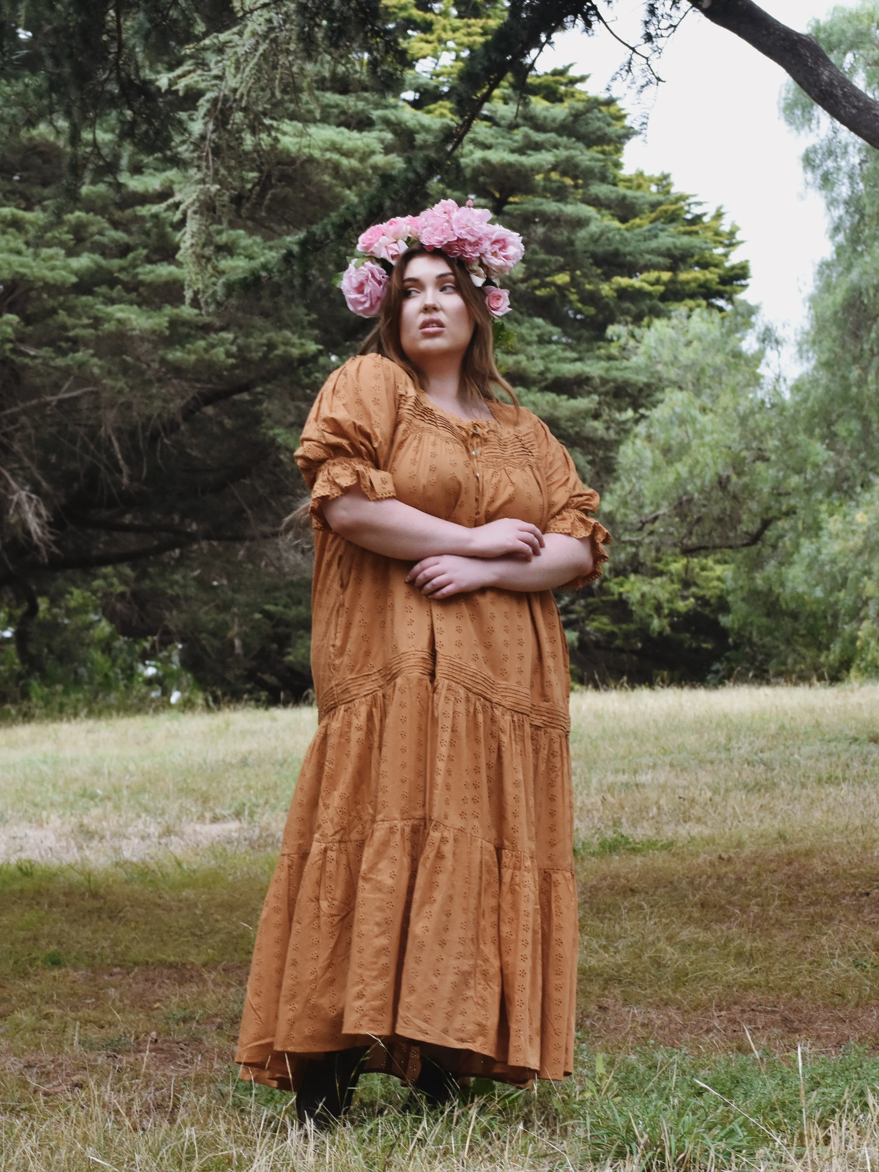 100% RECYCLED COTTON - MORNING SONG HAND SMOCKED TIERED DRESS - COPPER