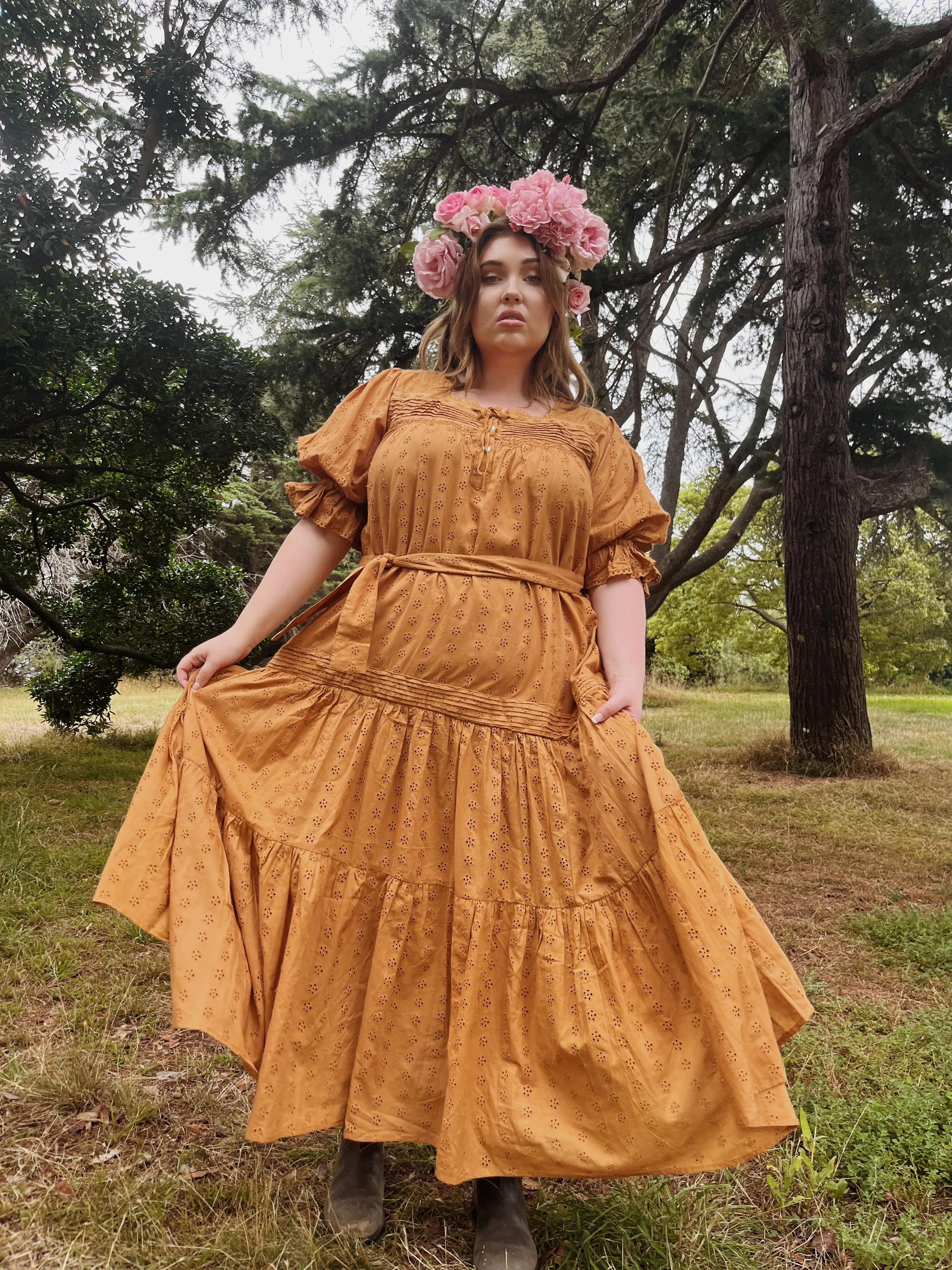 100% RECYCLED COTTON - MORNING SONG HAND SMOCKED TIERED DRESS - COPPER