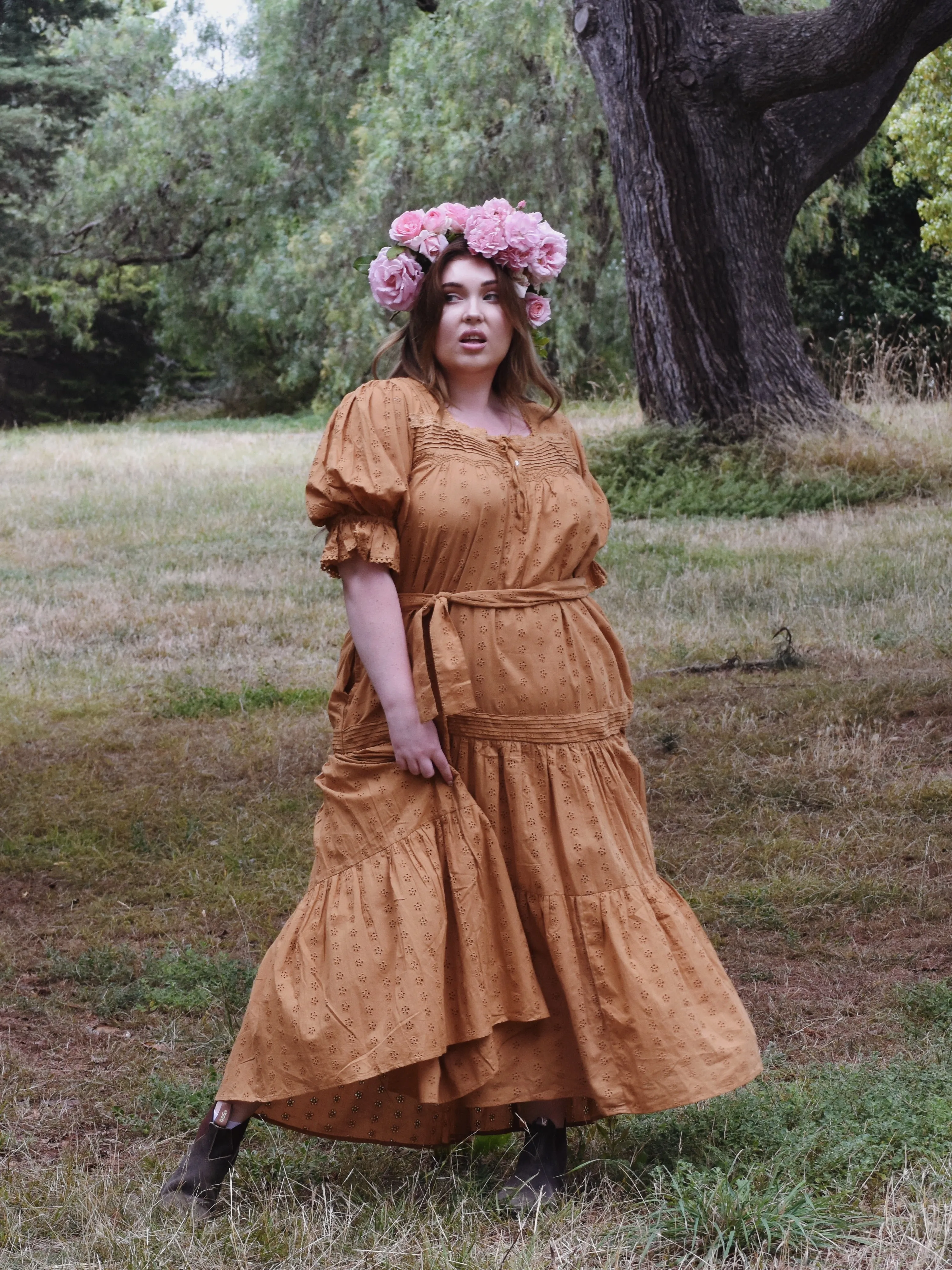 100% RECYCLED COTTON - MORNING SONG HAND SMOCKED TIERED DRESS - COPPER