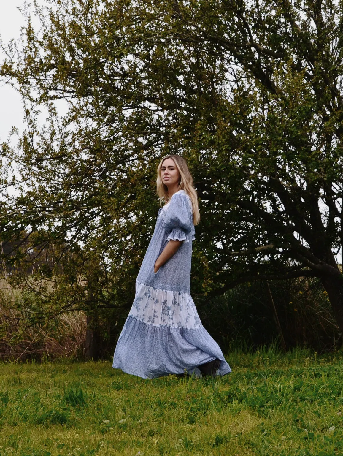 100% RECYCLED COTTON - MORNING SONG HAND SMOCKED TIERED DRESS - CORNFLOWER BLUE ROSE