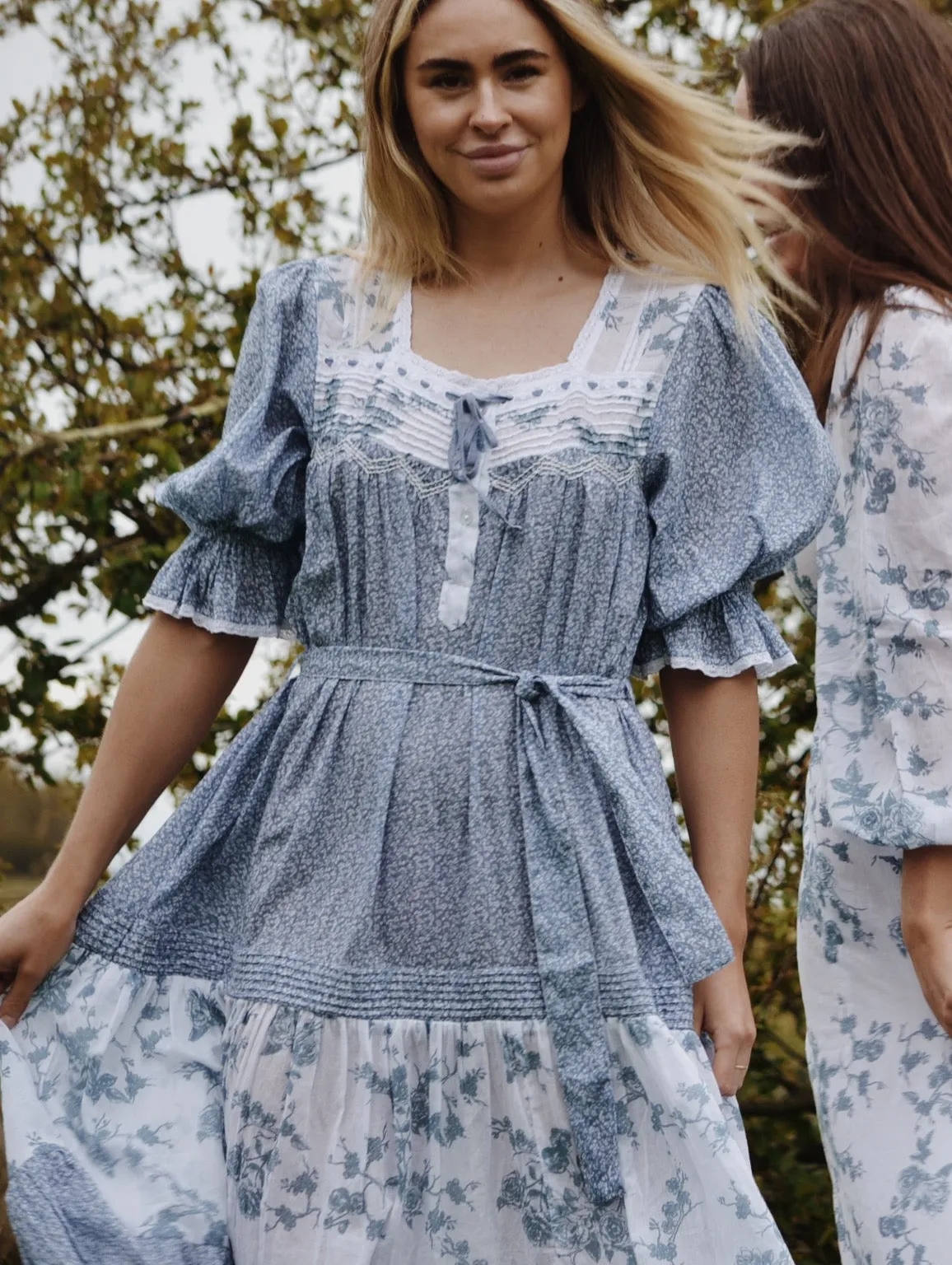 100% RECYCLED COTTON - MORNING SONG HAND SMOCKED TIERED DRESS - CORNFLOWER BLUE ROSE