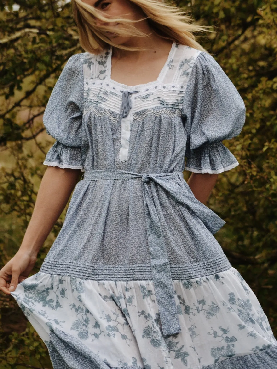 100% RECYCLED COTTON - MORNING SONG HAND SMOCKED TIERED DRESS - CORNFLOWER BLUE ROSE