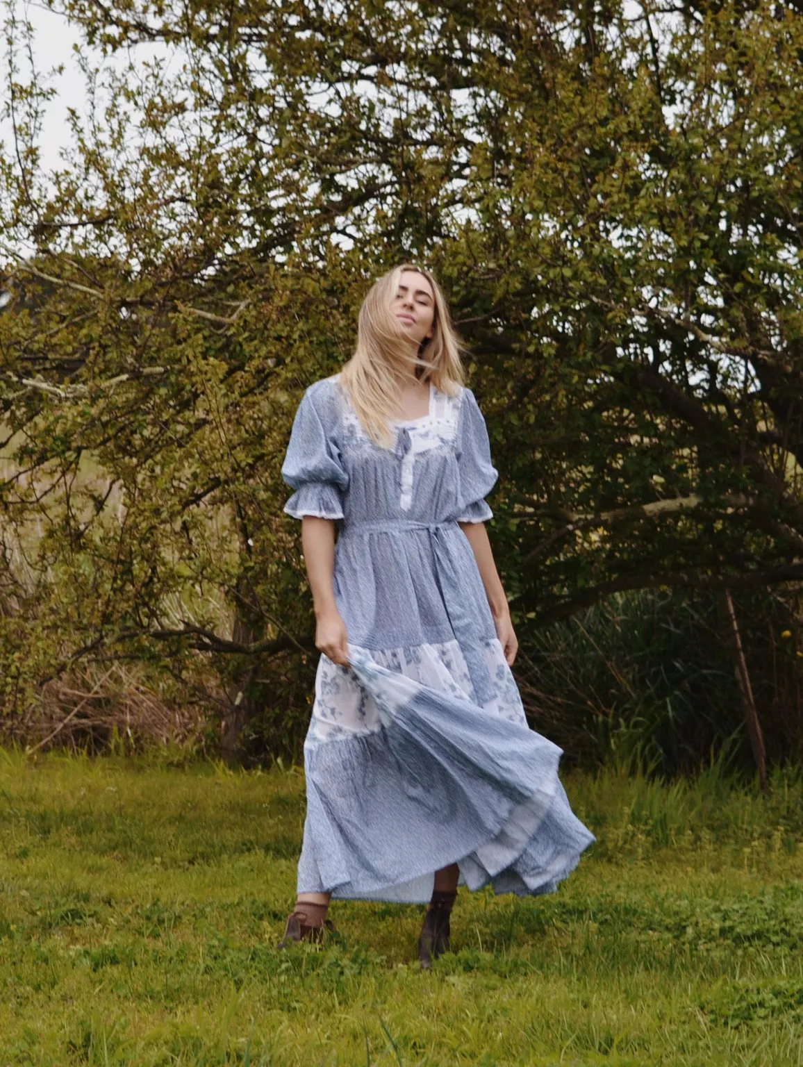 100% RECYCLED COTTON - MORNING SONG HAND SMOCKED TIERED DRESS - CORNFLOWER BLUE ROSE