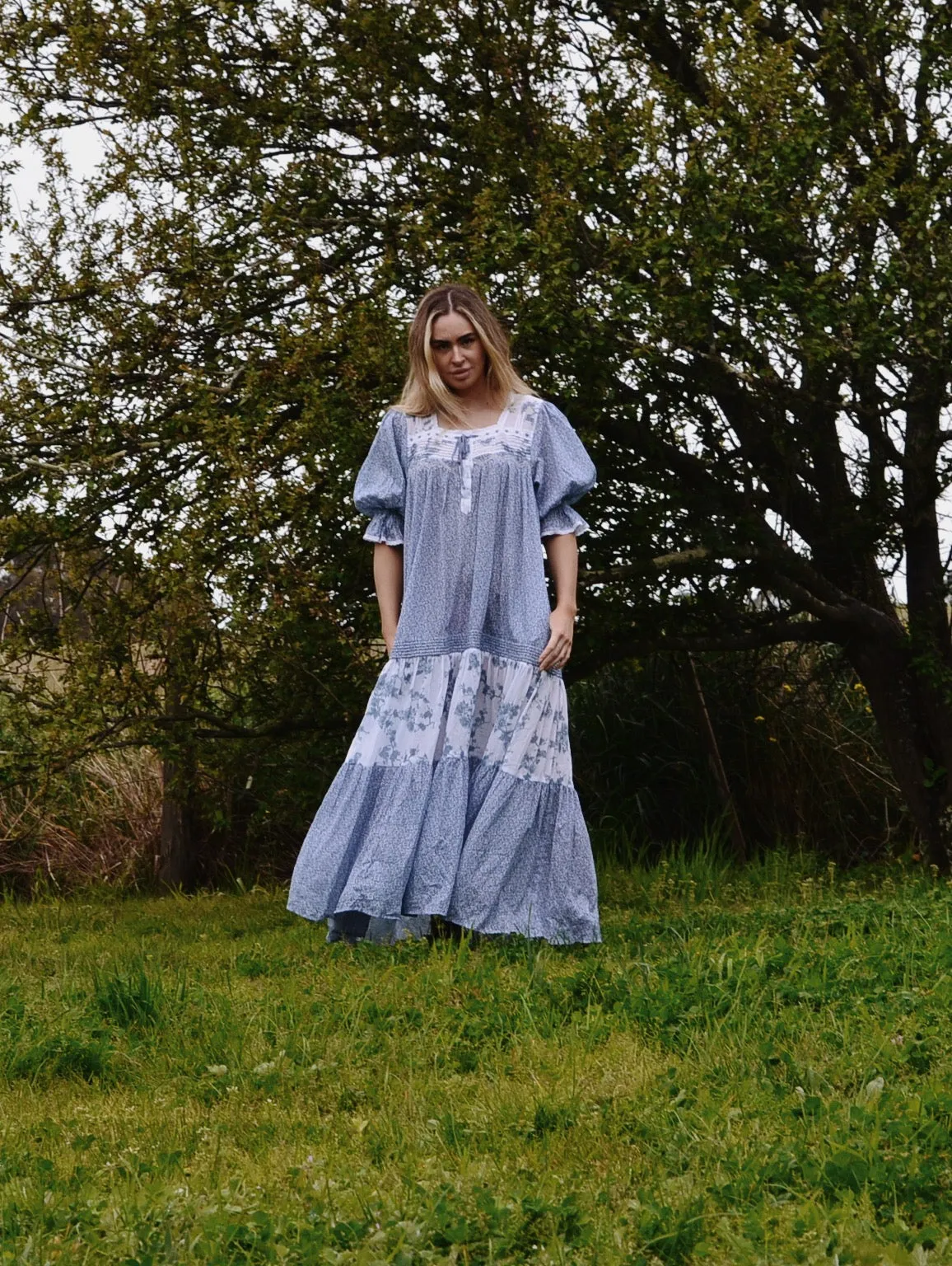 100% RECYCLED COTTON - MORNING SONG HAND SMOCKED TIERED DRESS - CORNFLOWER BLUE ROSE