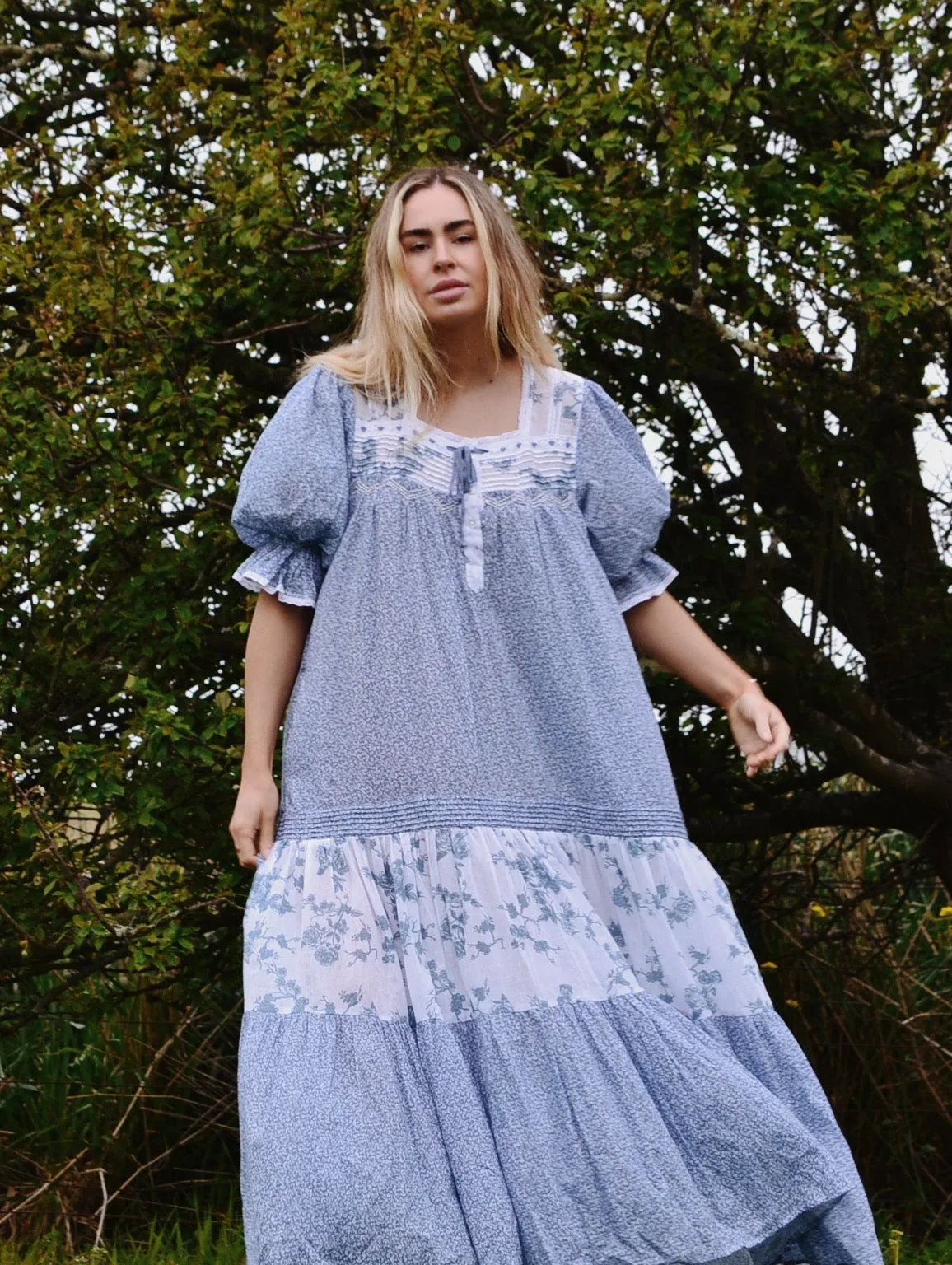 100% RECYCLED COTTON - MORNING SONG HAND SMOCKED TIERED DRESS - CORNFLOWER BLUE ROSE