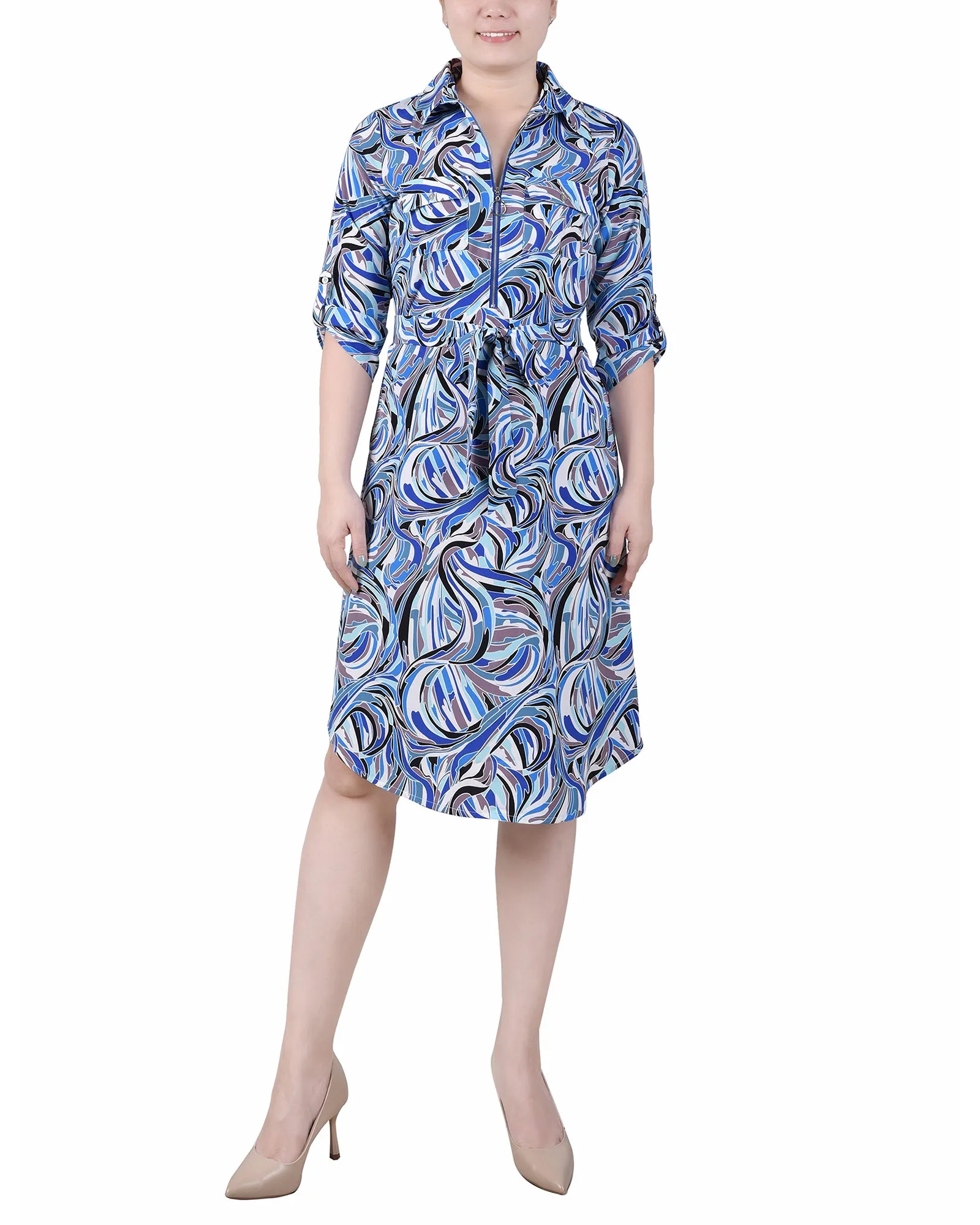 3/4 Roll Tab Zip Front Shirtdress