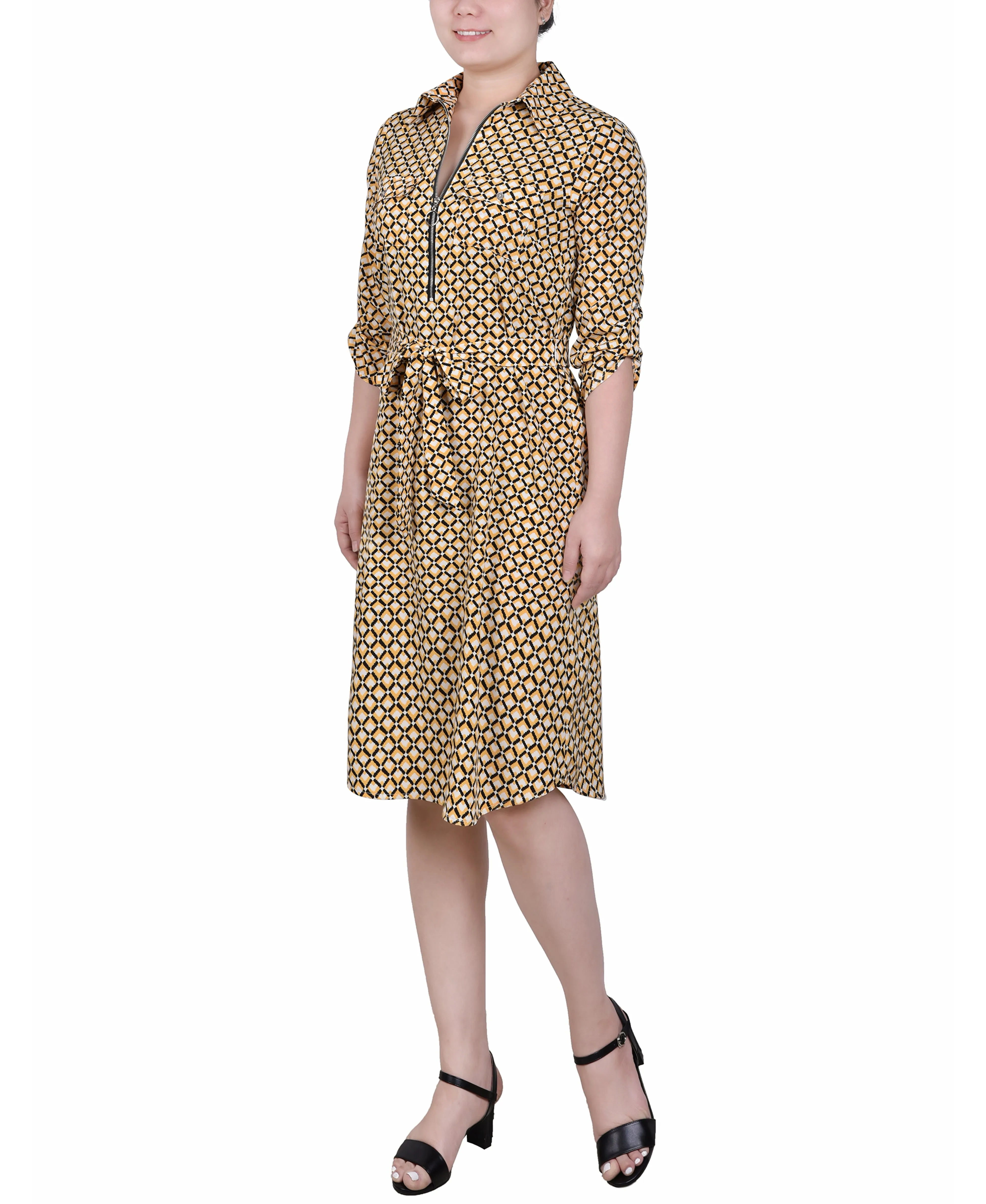 3/4 Roll Tab Zip Front Shirtdress