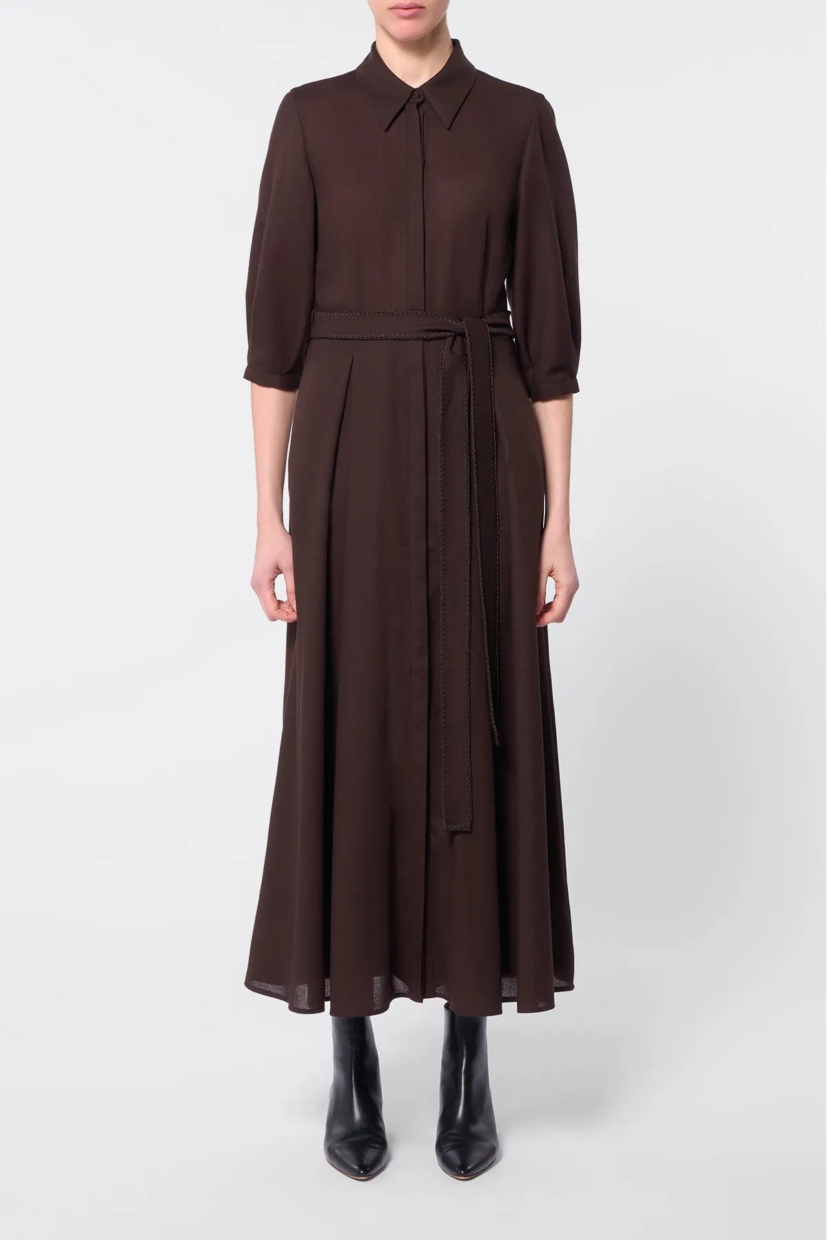 Andy Pleated Maxi Shirtdress in Chocolate Virgin Wool