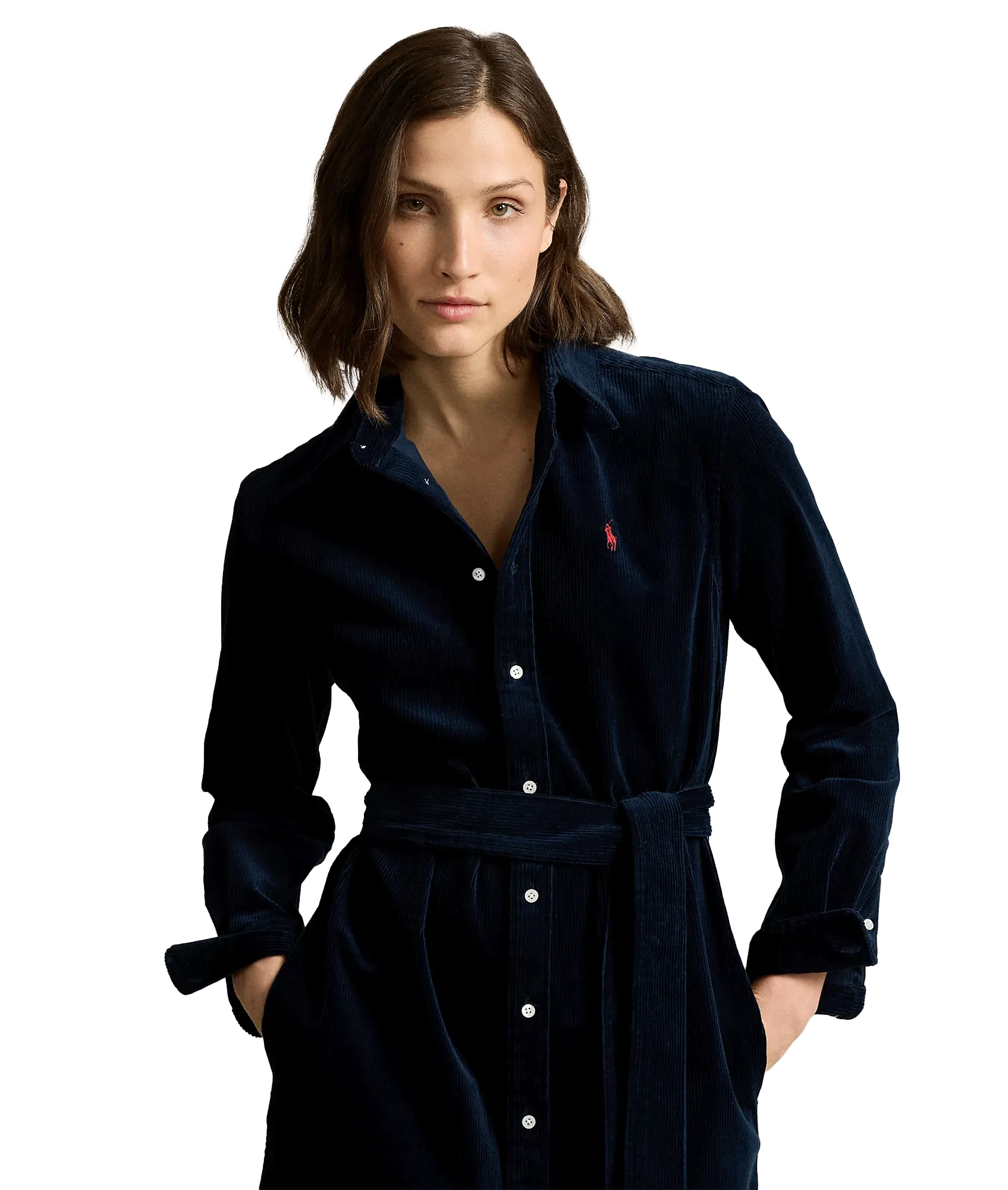 Belted Corduroy Shirtdress - Navy