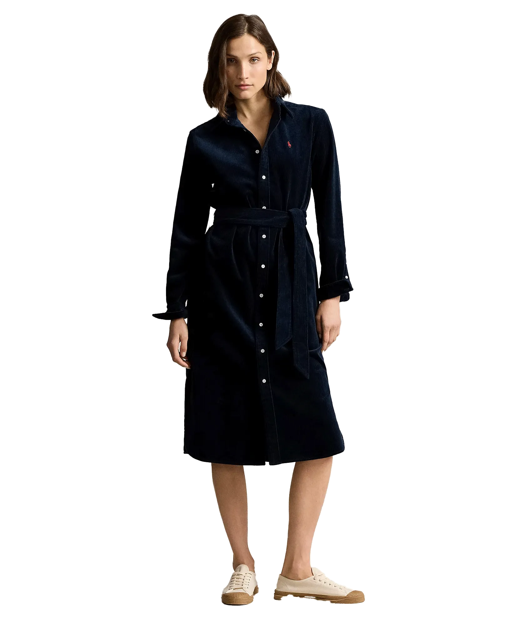 Belted Corduroy Shirtdress - Navy