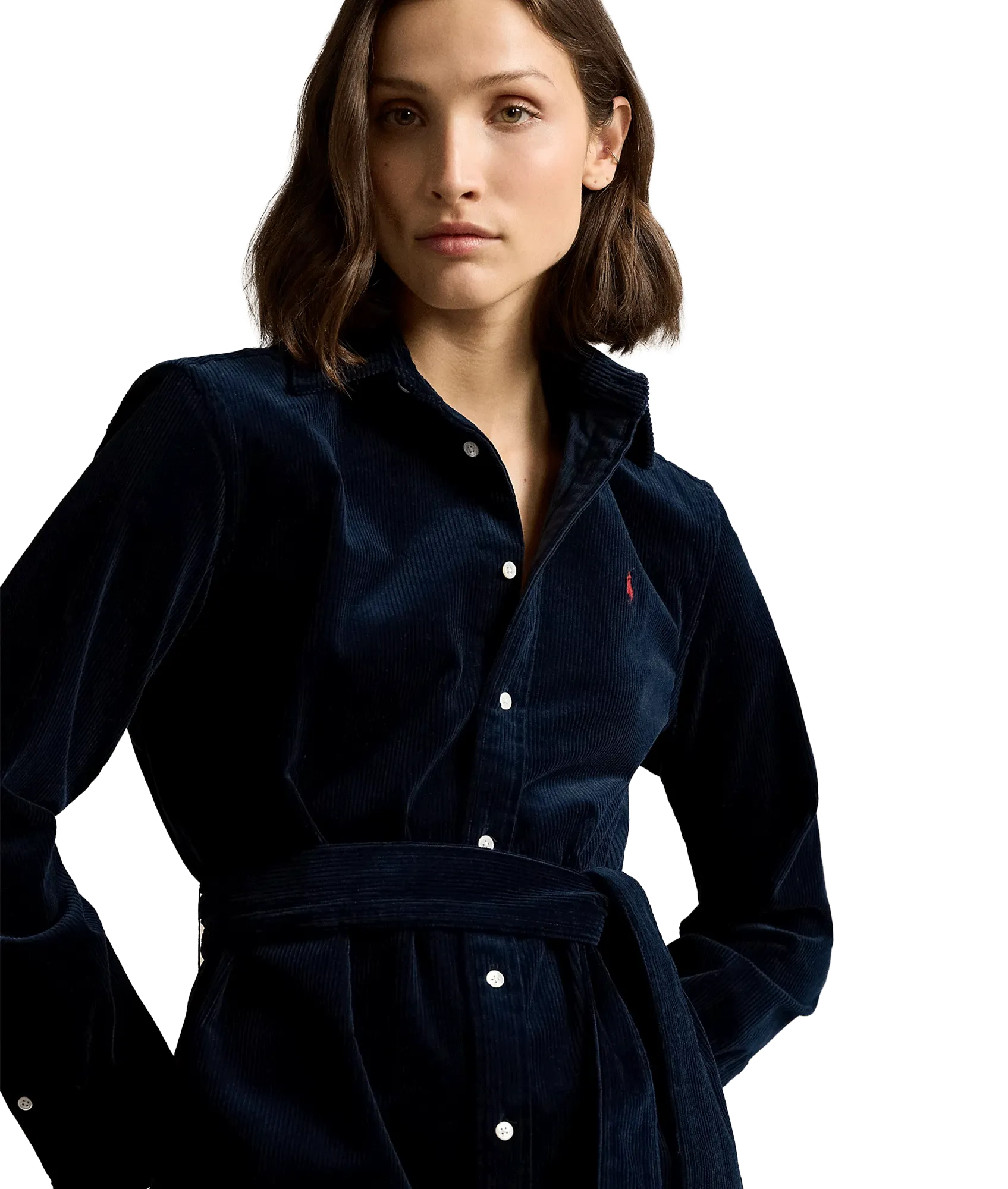 Belted Corduroy Shirtdress - Navy