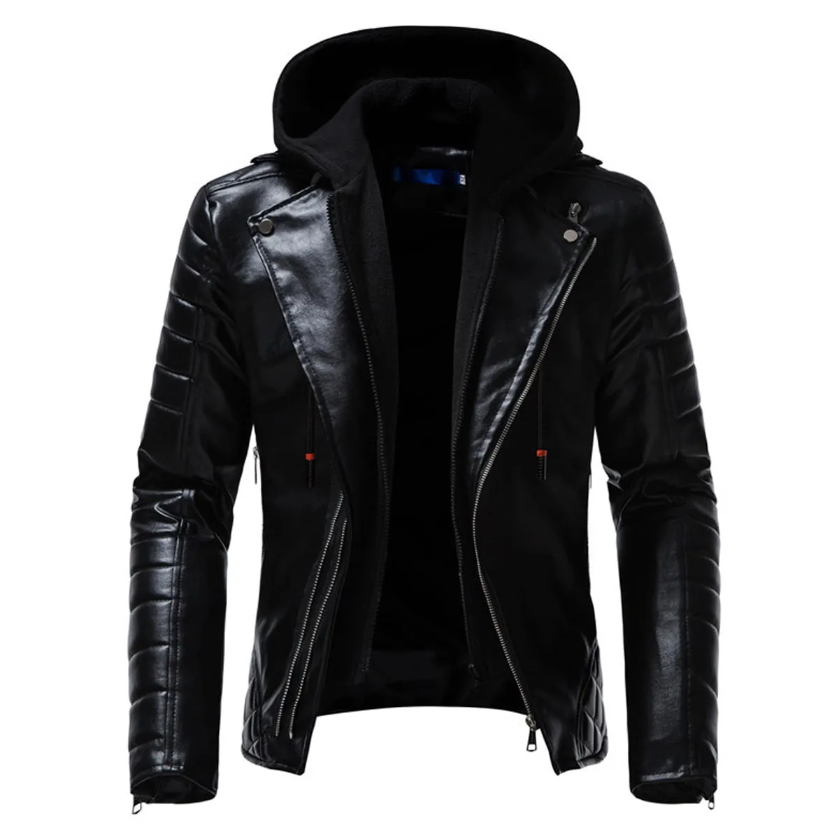 Black Biker Genuine Sheepskin Lapel Collar Hooded Motorcycle Rider Crossover Retro Quilted Asymmetric Leather Jacket