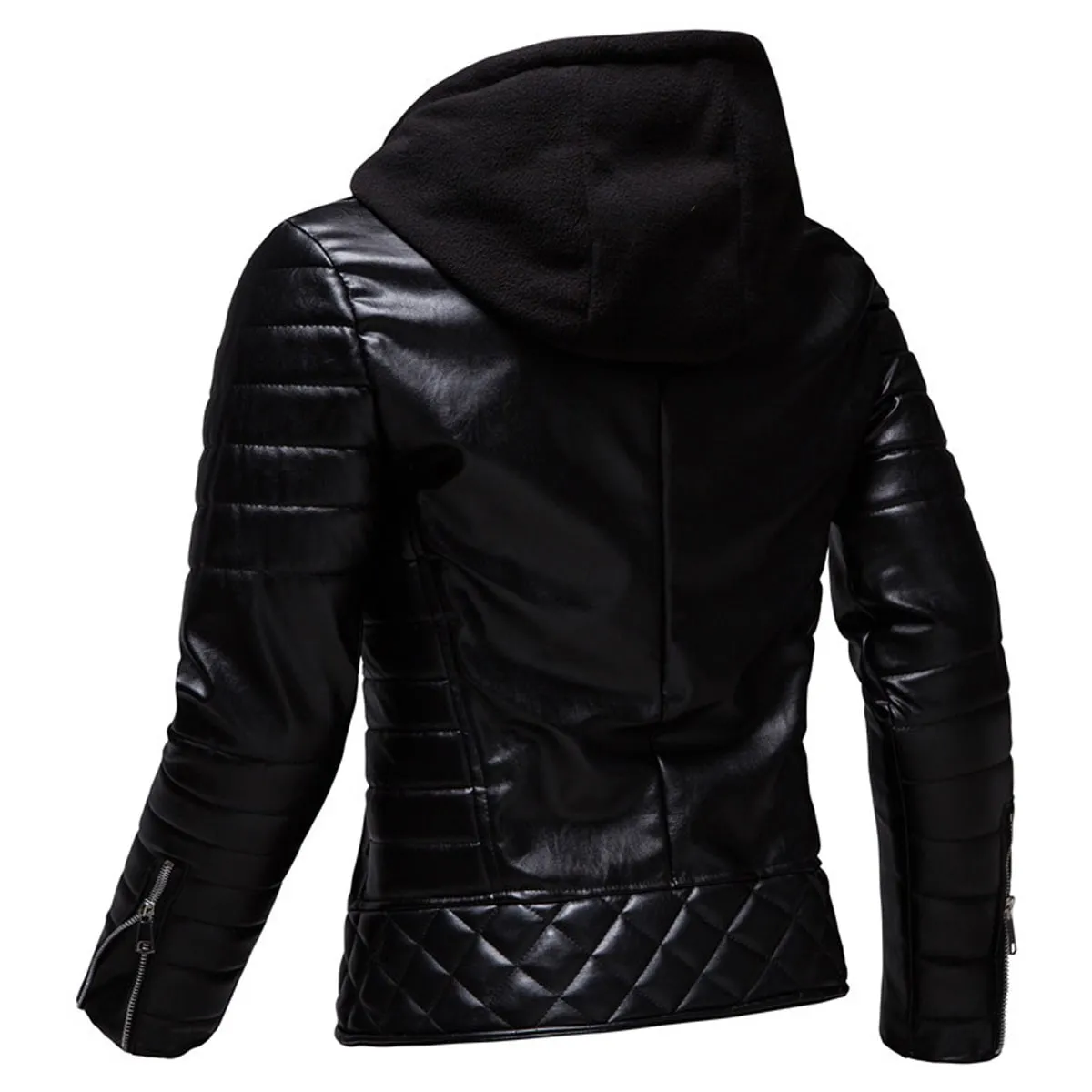 Black Biker Genuine Sheepskin Lapel Collar Hooded Motorcycle Rider Crossover Retro Quilted Asymmetric Leather Jacket