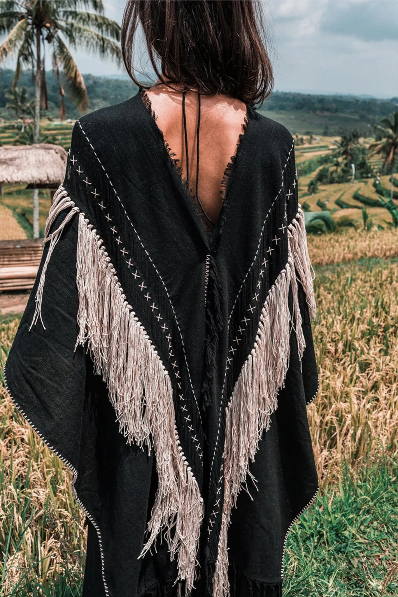 Black Boho Poncho • Hand Stitch Mantel with Hand Loomed Tassels