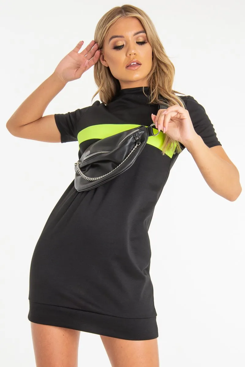 Black Neon Green Stripe Detail T-Shirt Dress - Crystal