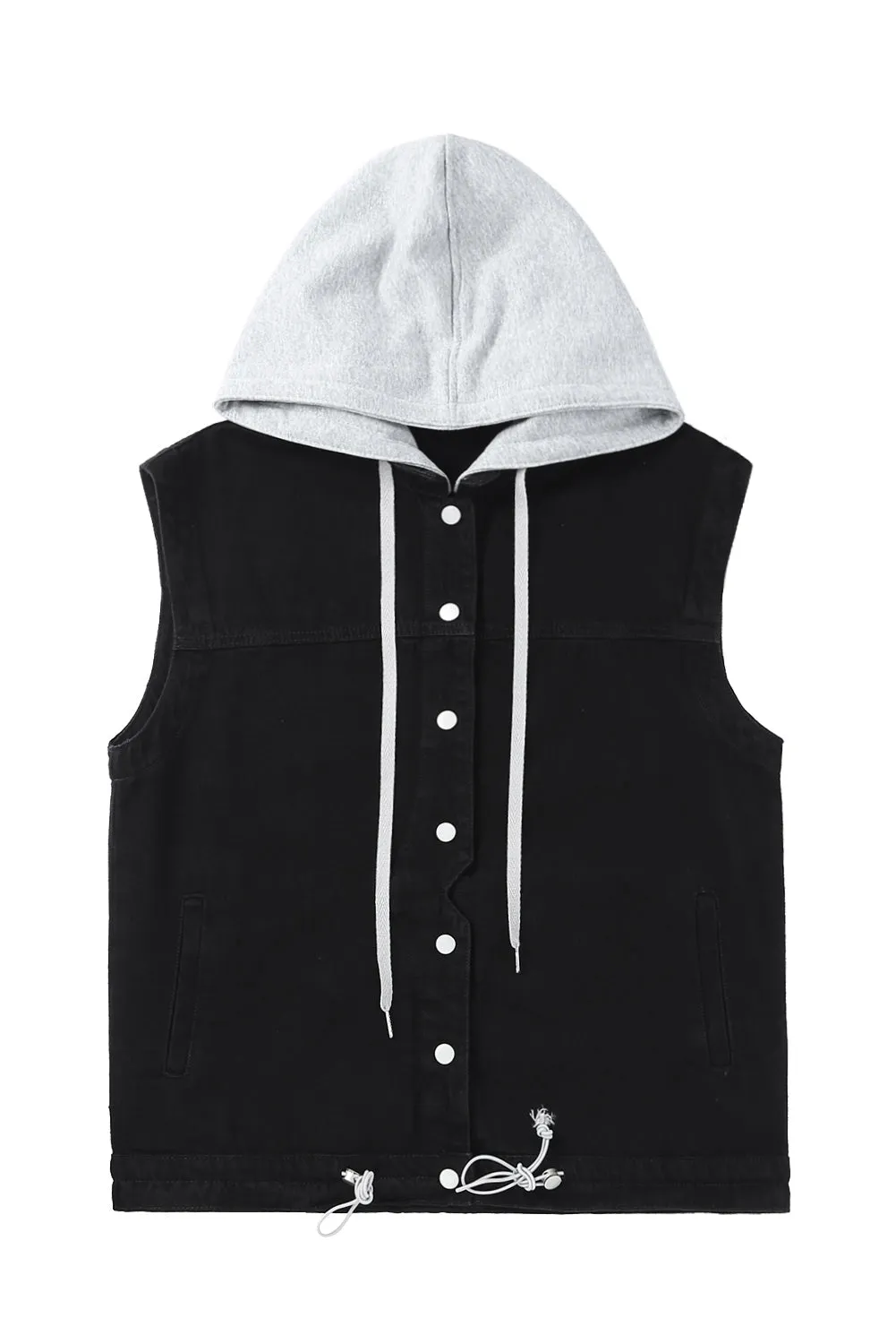 Black Solid Color Hooded Denim Vest Jacket