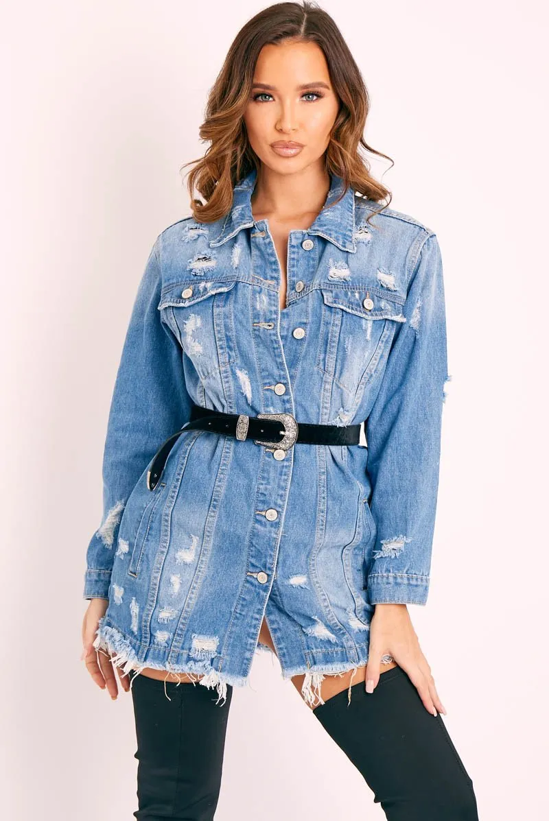 Blue Washed Distressed Denim Shirt Dress - Chloey