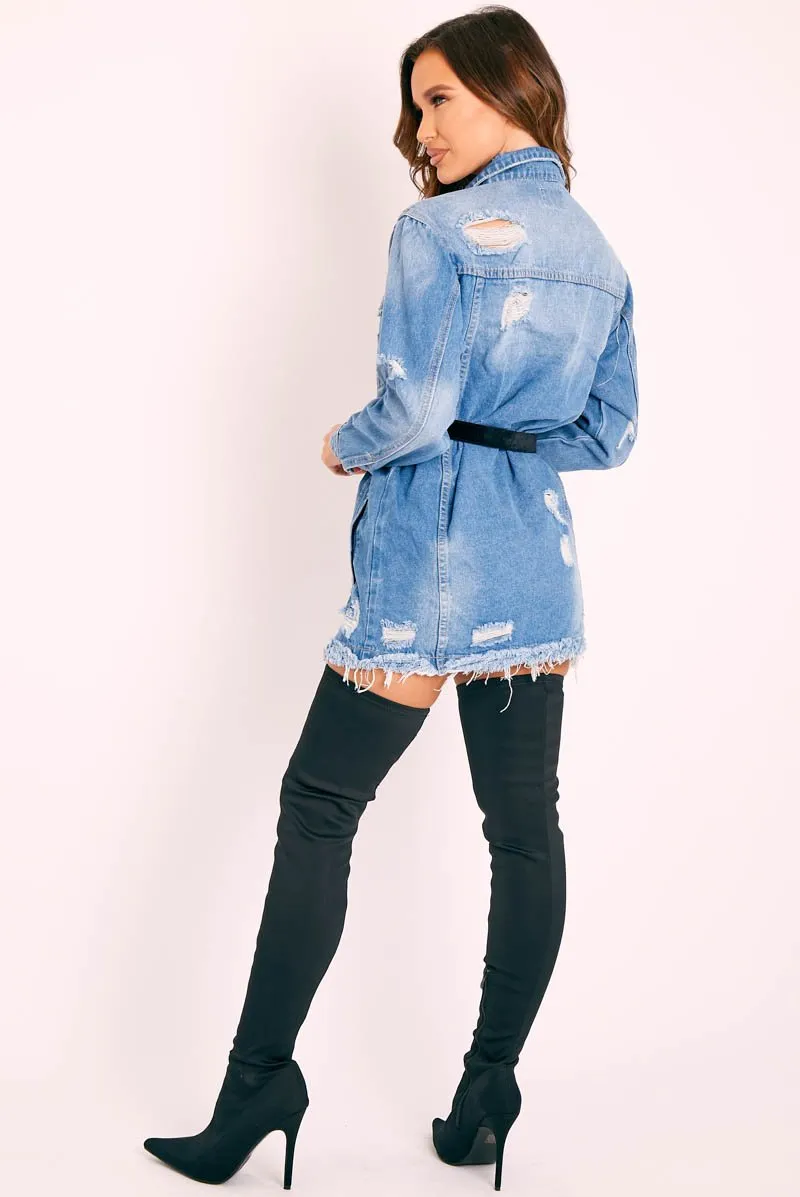 Blue Washed Distressed Denim Shirt Dress - Chloey