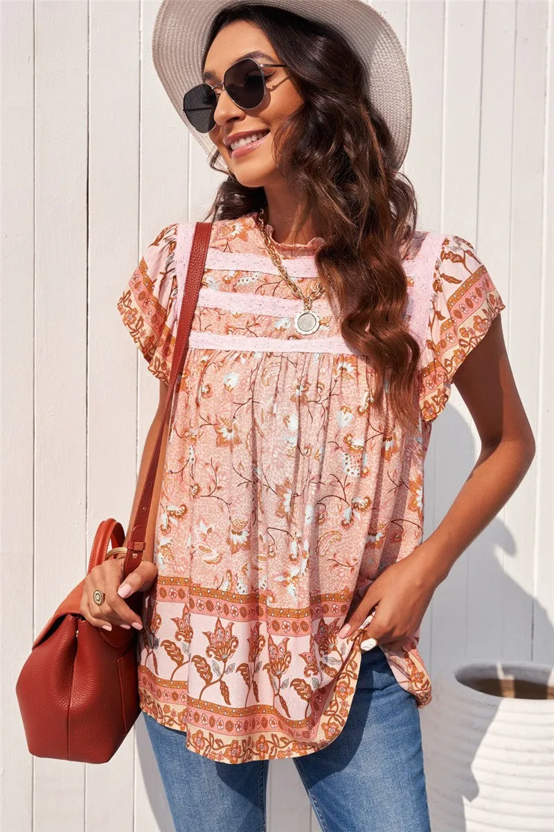 Boho Floral Print Flutter Sleeve Top in Clementine