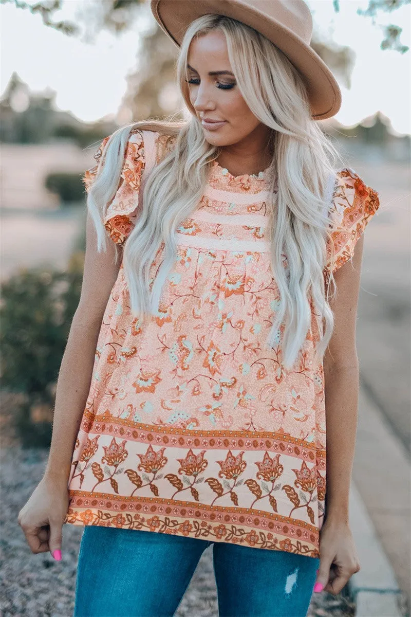 Boho Floral Print Flutter Sleeve Top in Clementine