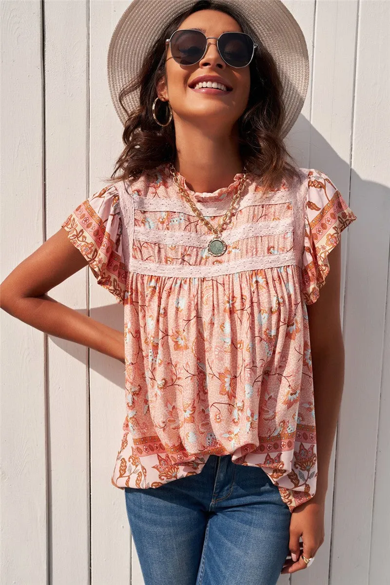 Boho Floral Print Flutter Sleeve Top in Clementine