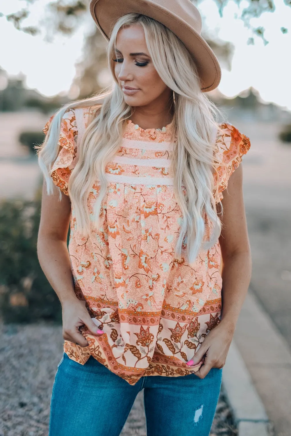 Boho Floral Print Flutter Sleeve Top in Clementine