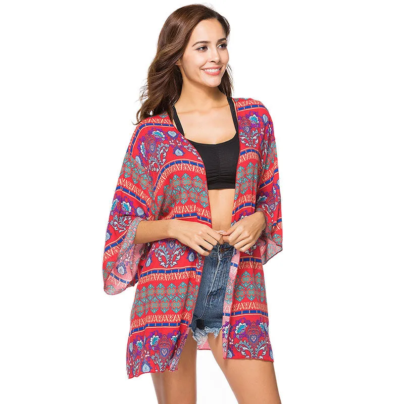 Boho Style Mandala Print Long Kimono Chiffon Blouse