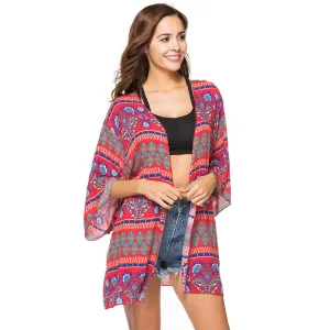 Boho Style Mandala Print Long Kimono Chiffon Blouse