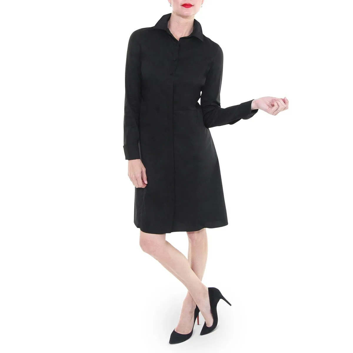 Button Down Long Sleeve Shirtdress - Black