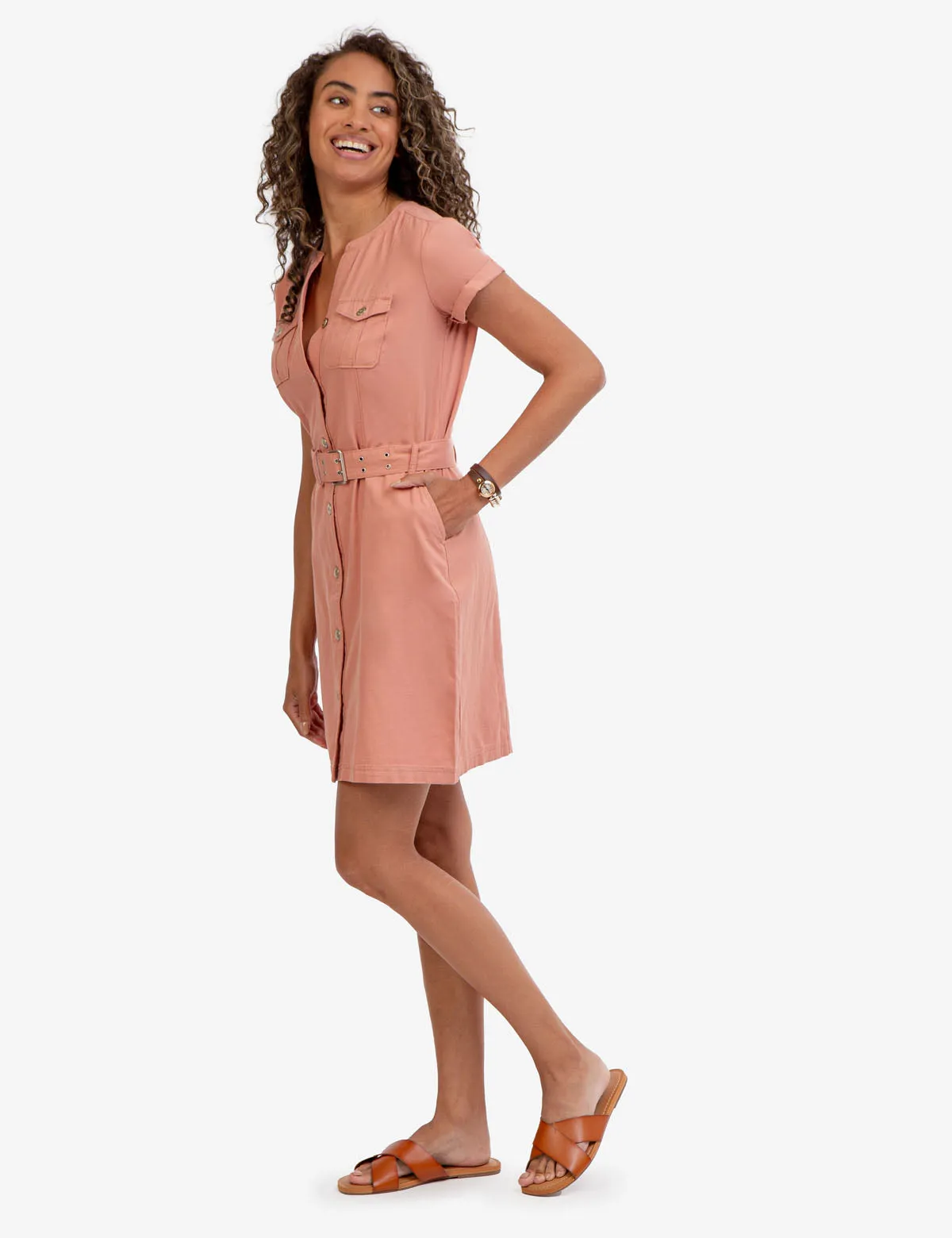 CHEST POCKET BELTED WOVEN SHIRTDRESS