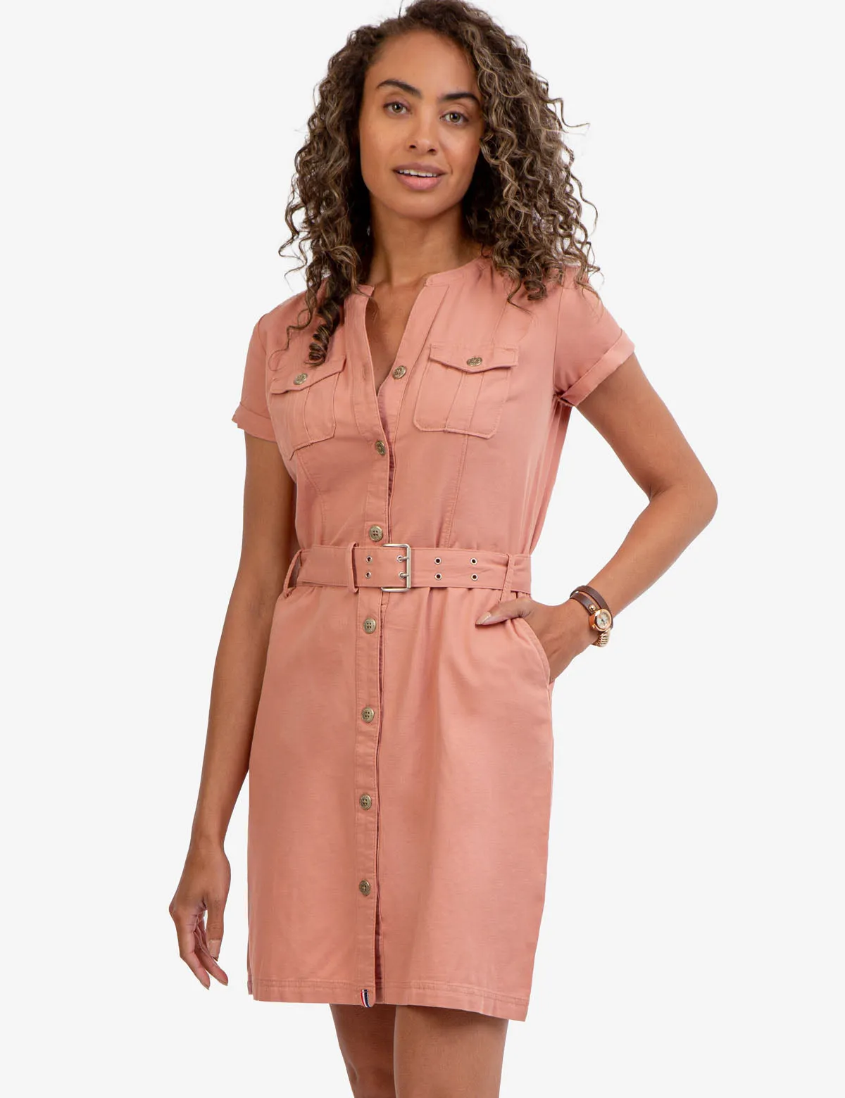 CHEST POCKET BELTED WOVEN SHIRTDRESS