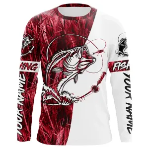 Custom Bass Fishing Tattoo Red Camo 3D Long Sleeve Tournament Fishing Shirts, Bass Fishing Jerseys