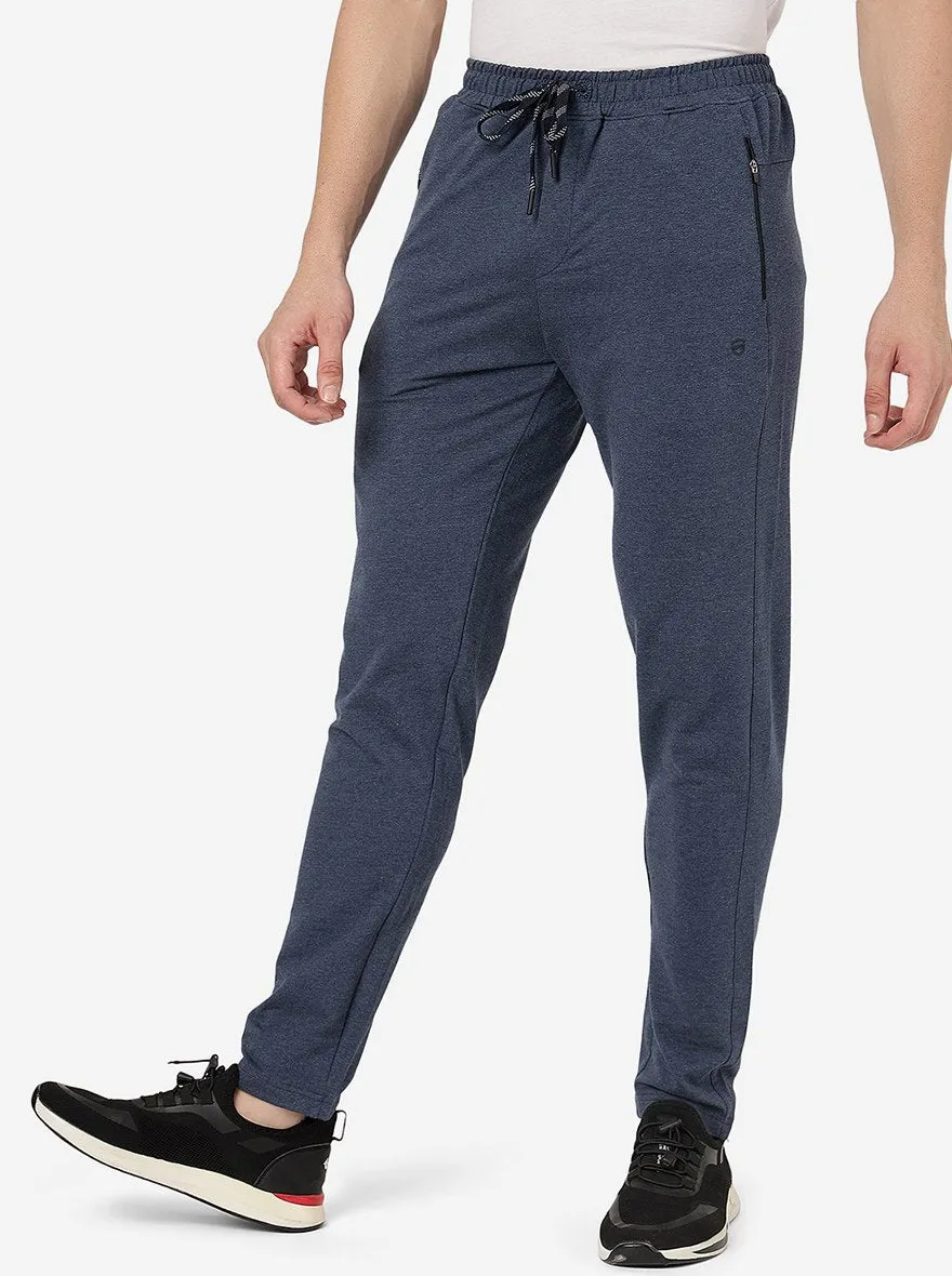 Dark Blue Melange Solid Slim Fit Track Pant | JadeBlue