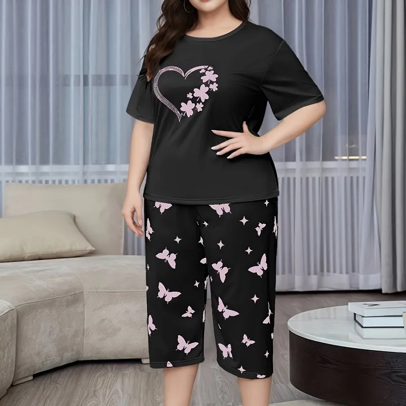 Effortless Elegance Plus Size Casual Pajama Set with Clover Heart & Butterfly Print