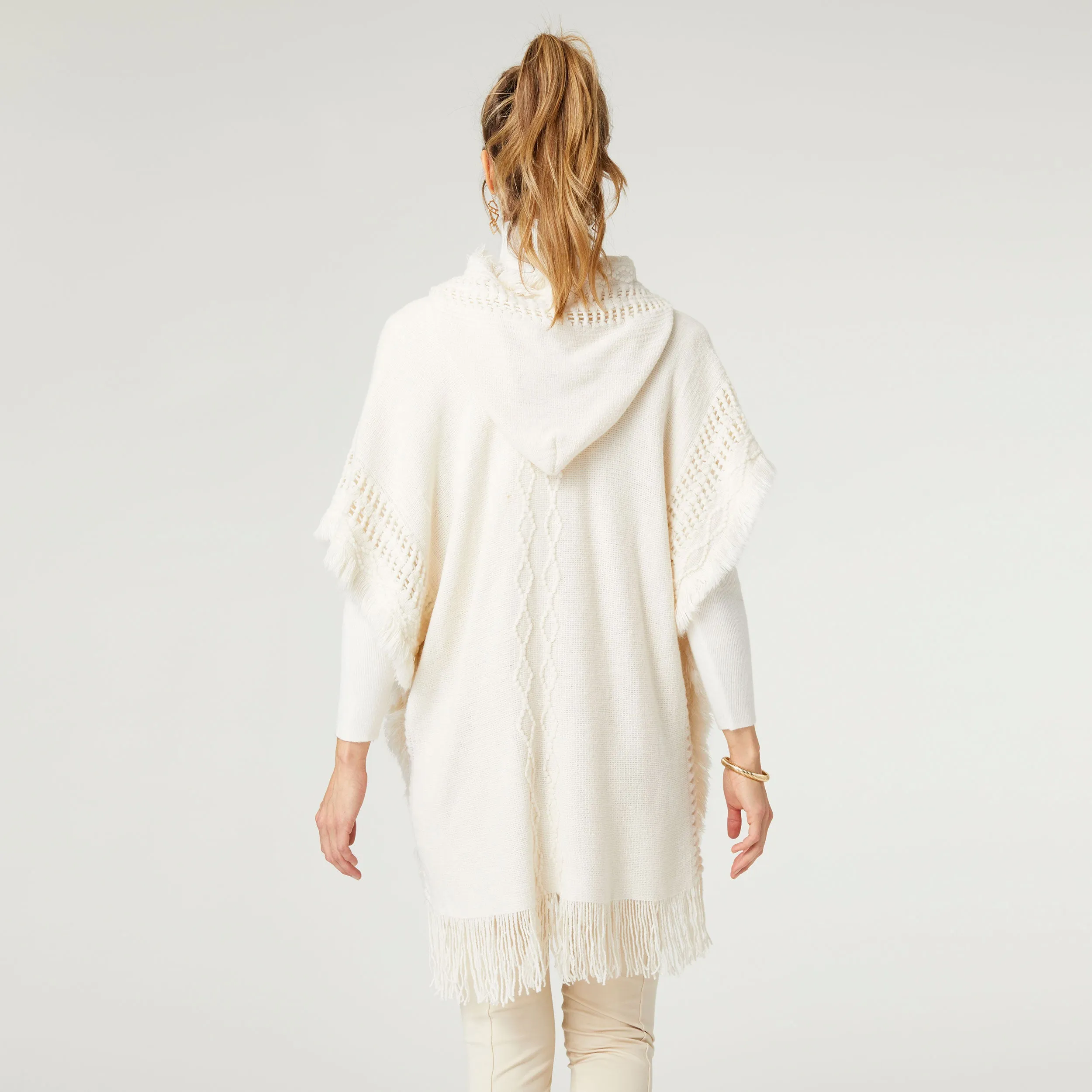 Eloise Hooded Poncho with Frayed Fringe - Cream