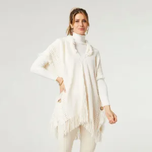 Eloise Hooded Poncho with Frayed Fringe - Cream