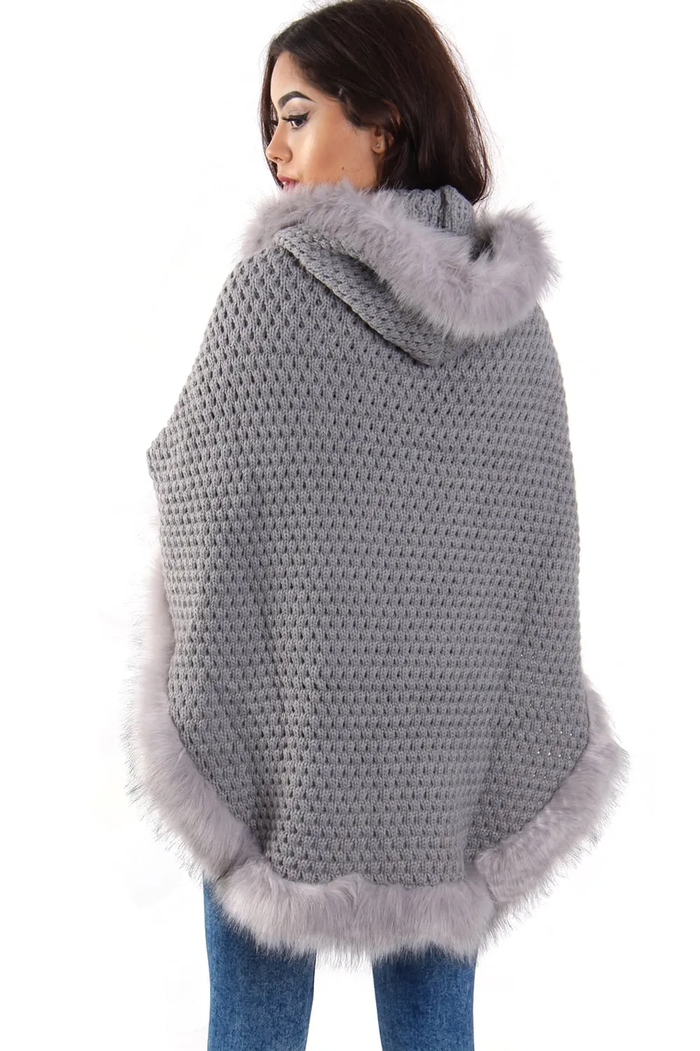 Faux Fur Knitted Hood Poncho