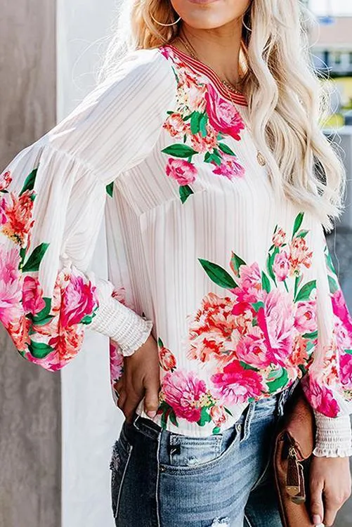 Floral Print Puff Long Sleeve Blouse