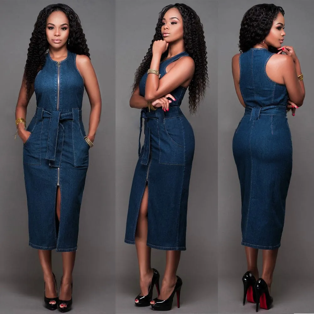 Front Zip Up Split Hem Side Pocket Belted Bodycon Denim Dress