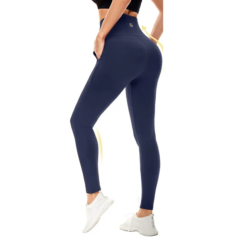 Fullsoft Navy Blue Womens Yoga Leggings With Pocket High Waisted Tummy Control Pants