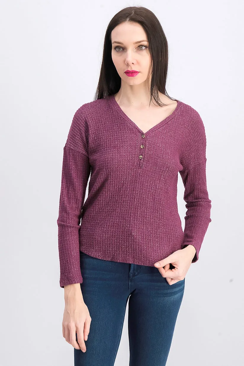 Hippie Rose Juniors' Henley Waffle Knit Top Purple Size Medium