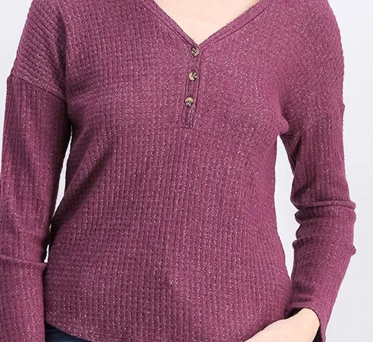 Hippie Rose Juniors' Henley Waffle Knit Top Purple Size Medium