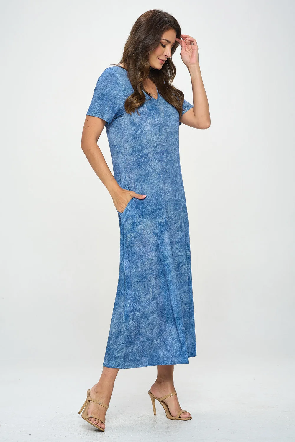 HIT V-Neck Long Dress W/Pockets-7085HT-SRD1-K-D003