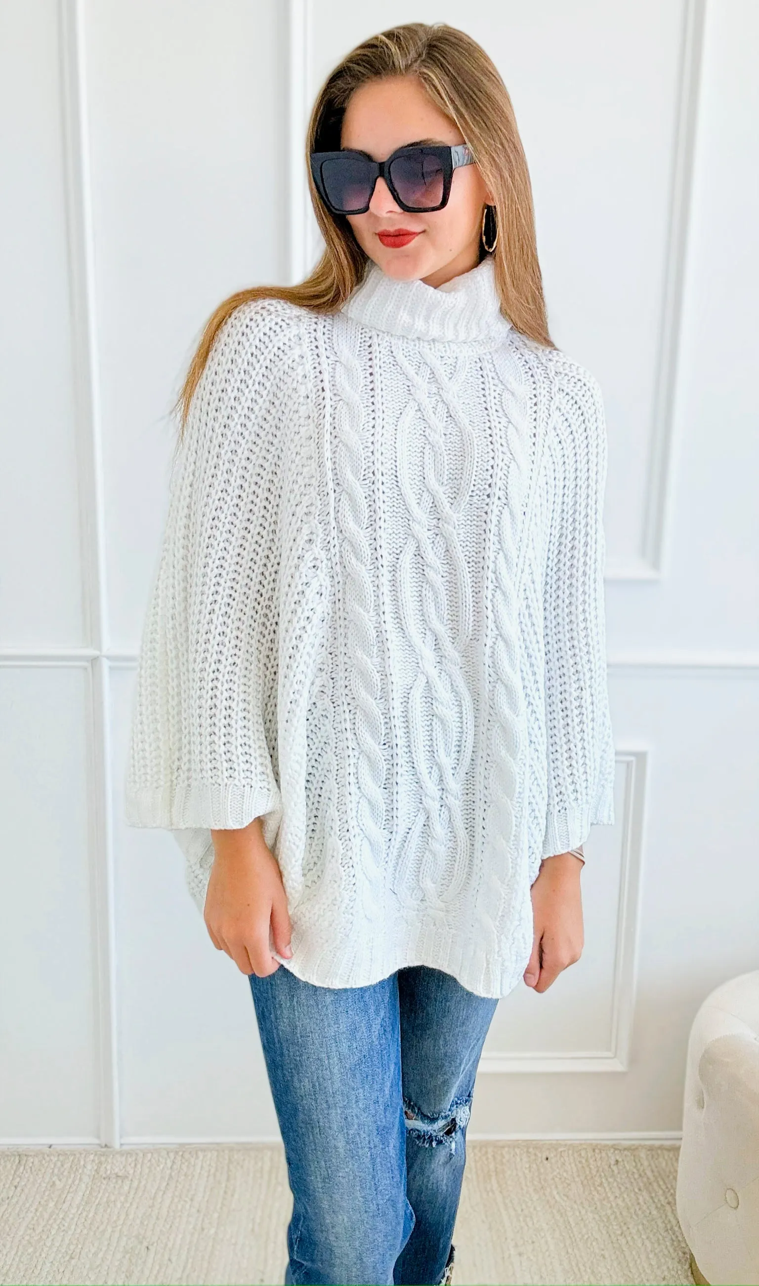 Knitted Turtle Neck Poncho-Off White