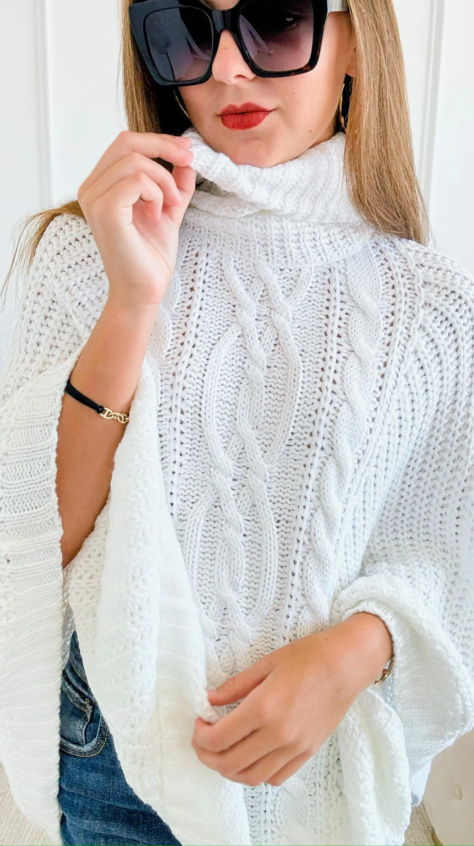 Knitted Turtle Neck Poncho-Off White