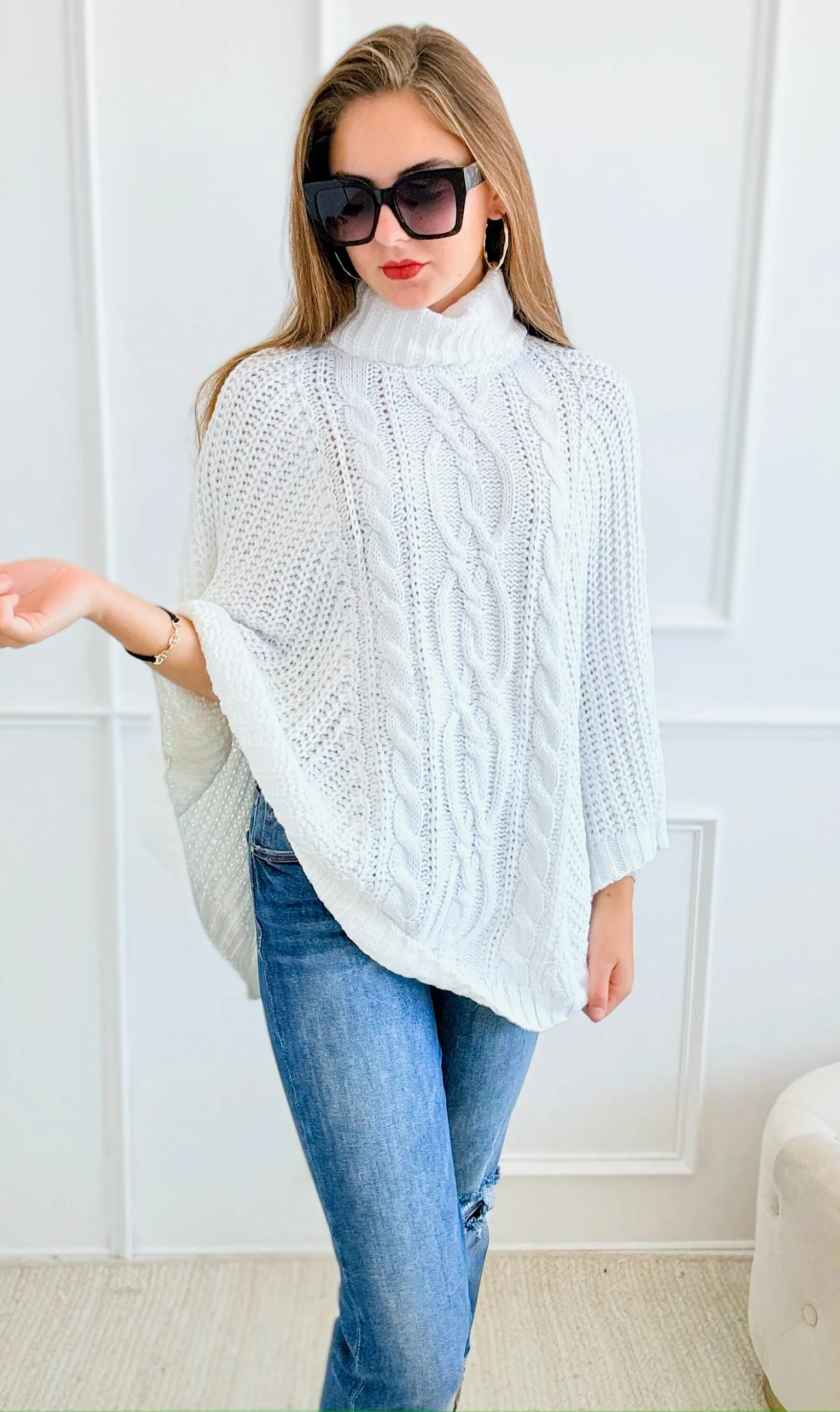 Knitted Turtle Neck Poncho-Off White