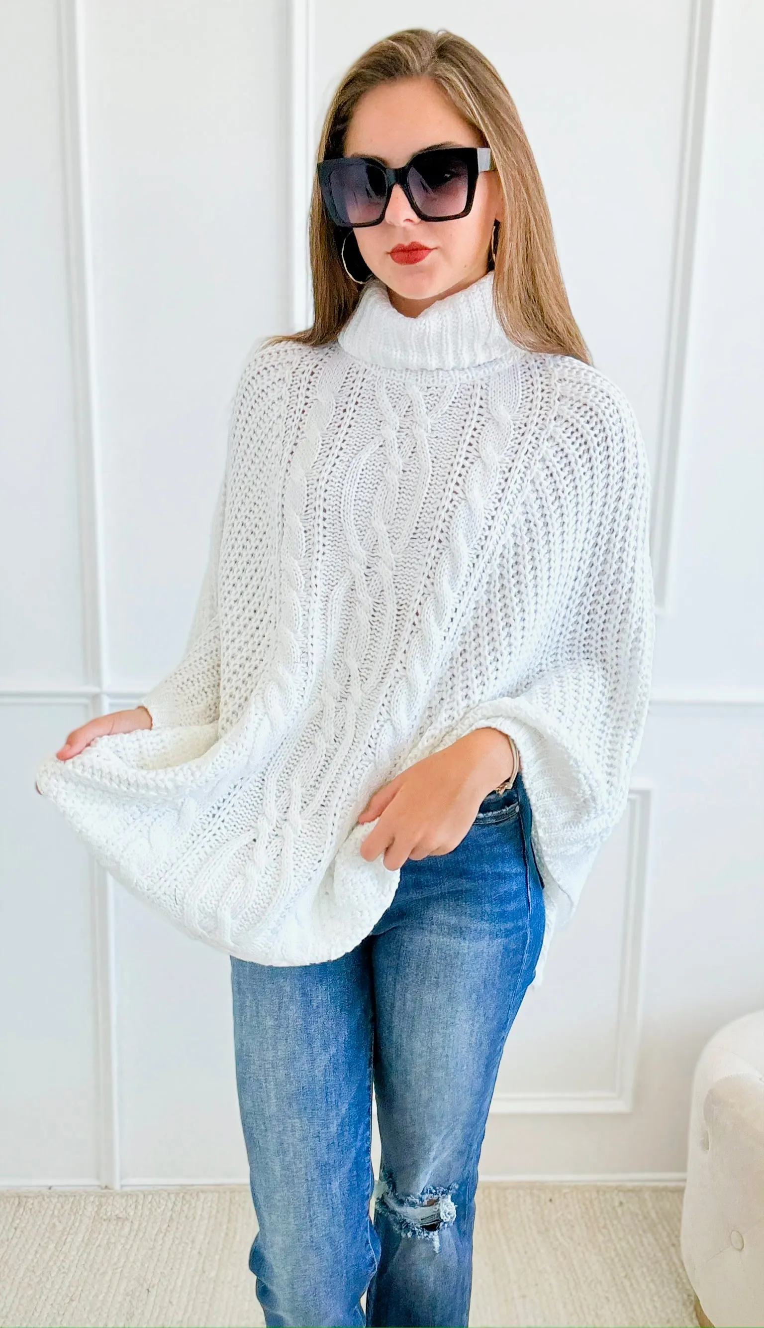 Knitted Turtle Neck Poncho-Off White