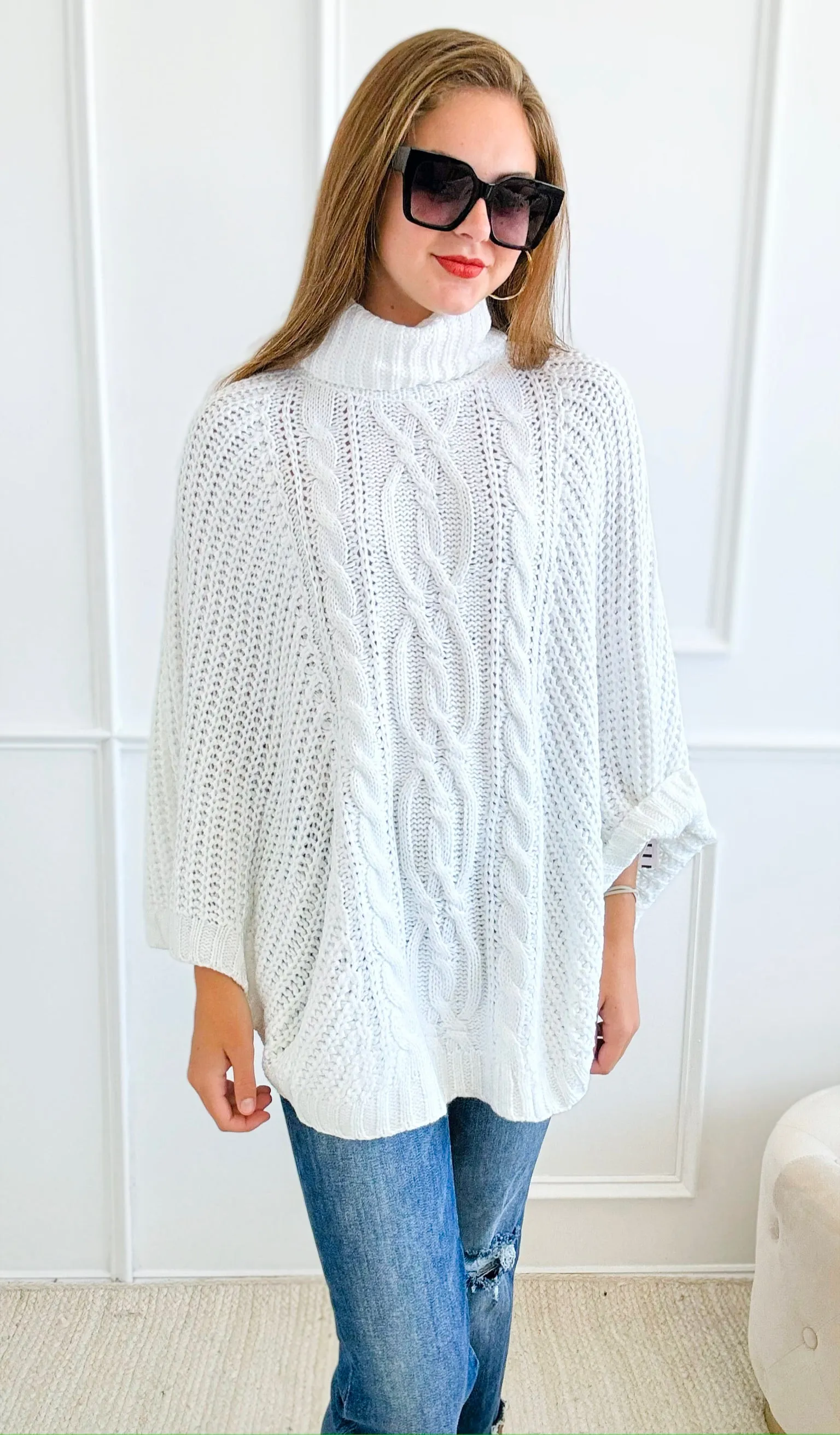 Knitted Turtle Neck Poncho-Off White